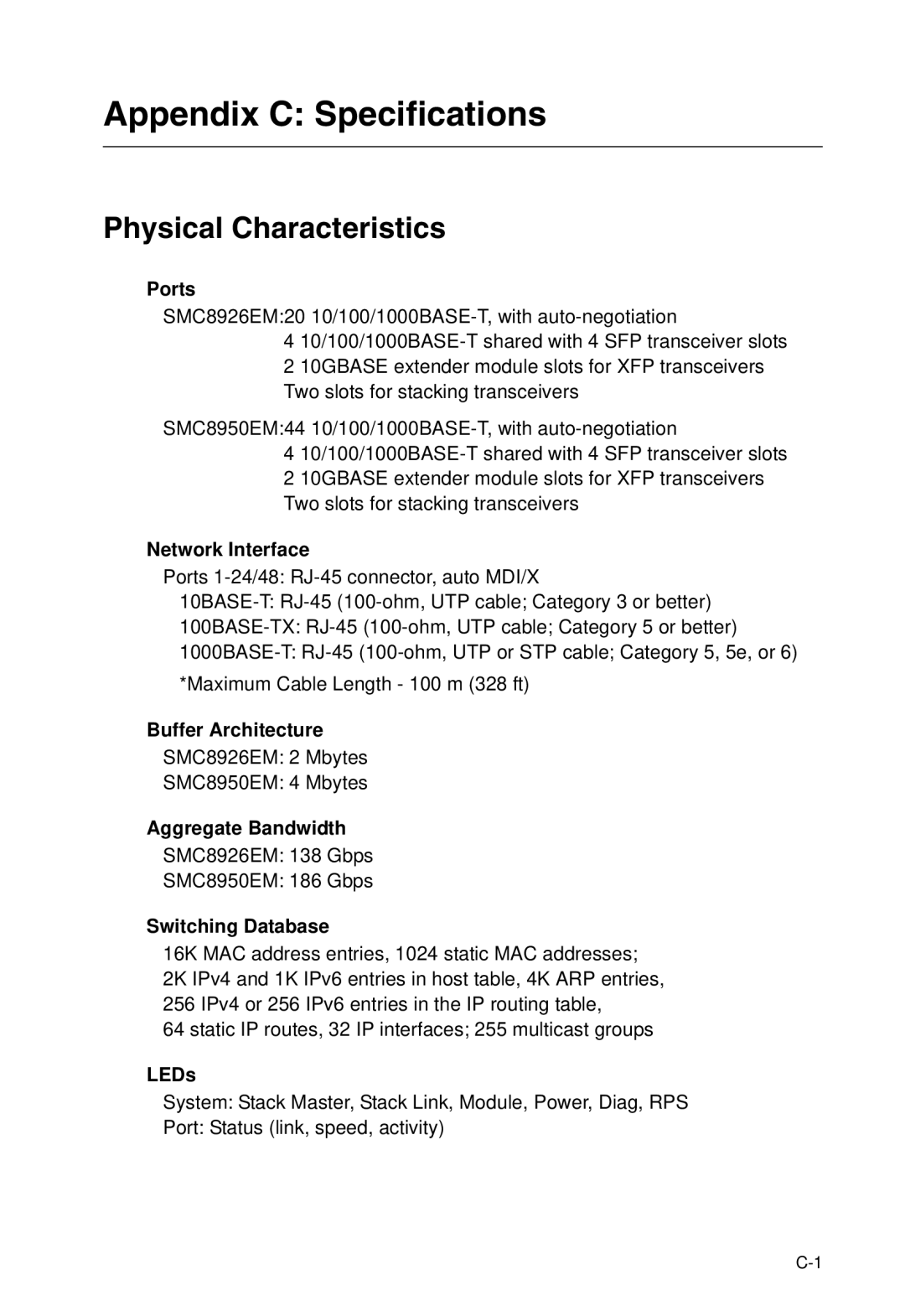 SMC Networks SMC8950EM, SMC8926EM manual Appendix C Specifications, Physical Characteristics 