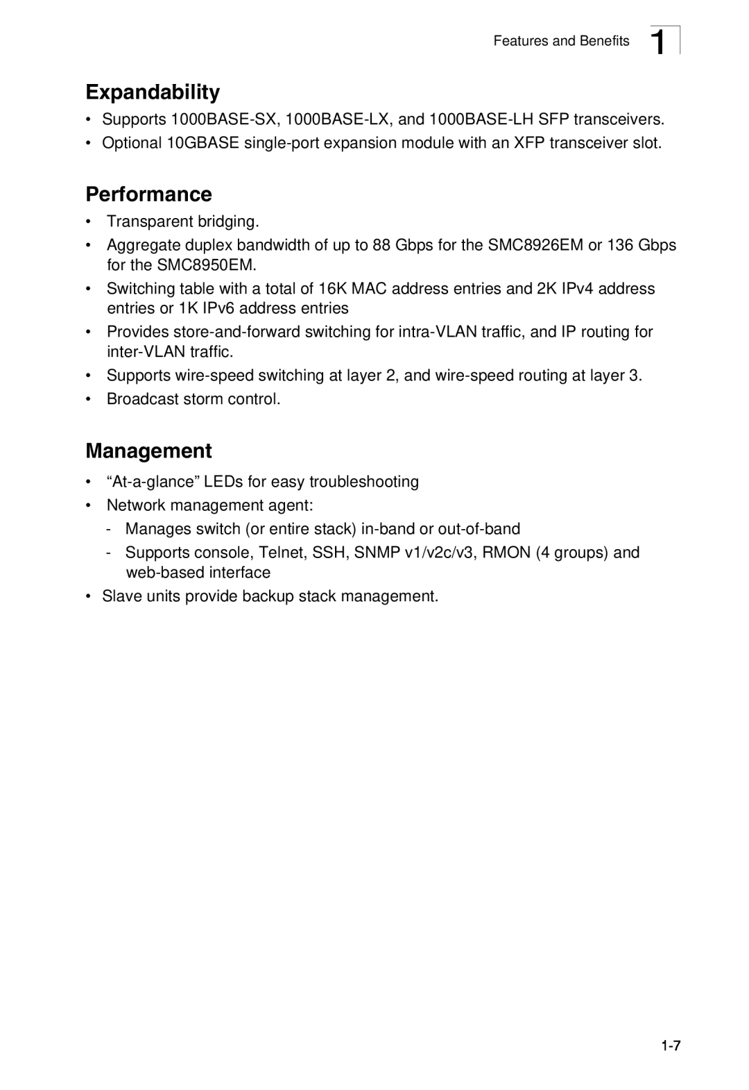 SMC Networks SMC8950EM, SMC8926EM manual Expandability, Performance, Management 