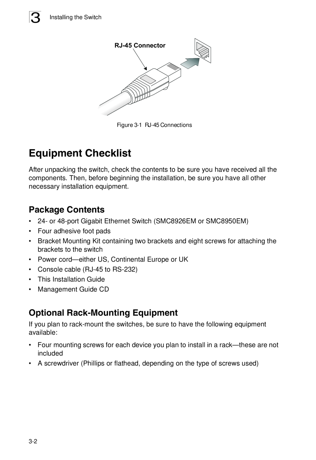 SMC Networks SMC8926EM, SMC8950EM manual Equipment Checklist, Package Contents, Optional Rack-Mounting Equipment 