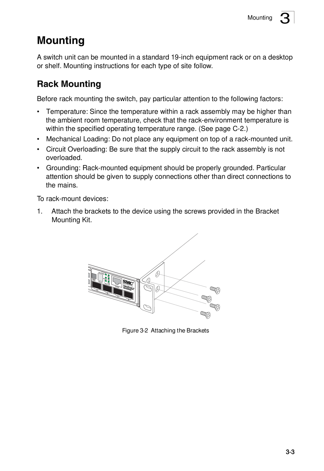 SMC Networks SMC8950EM, SMC8926EM manual Rack Mounting, 2 Attaching the Brackets 