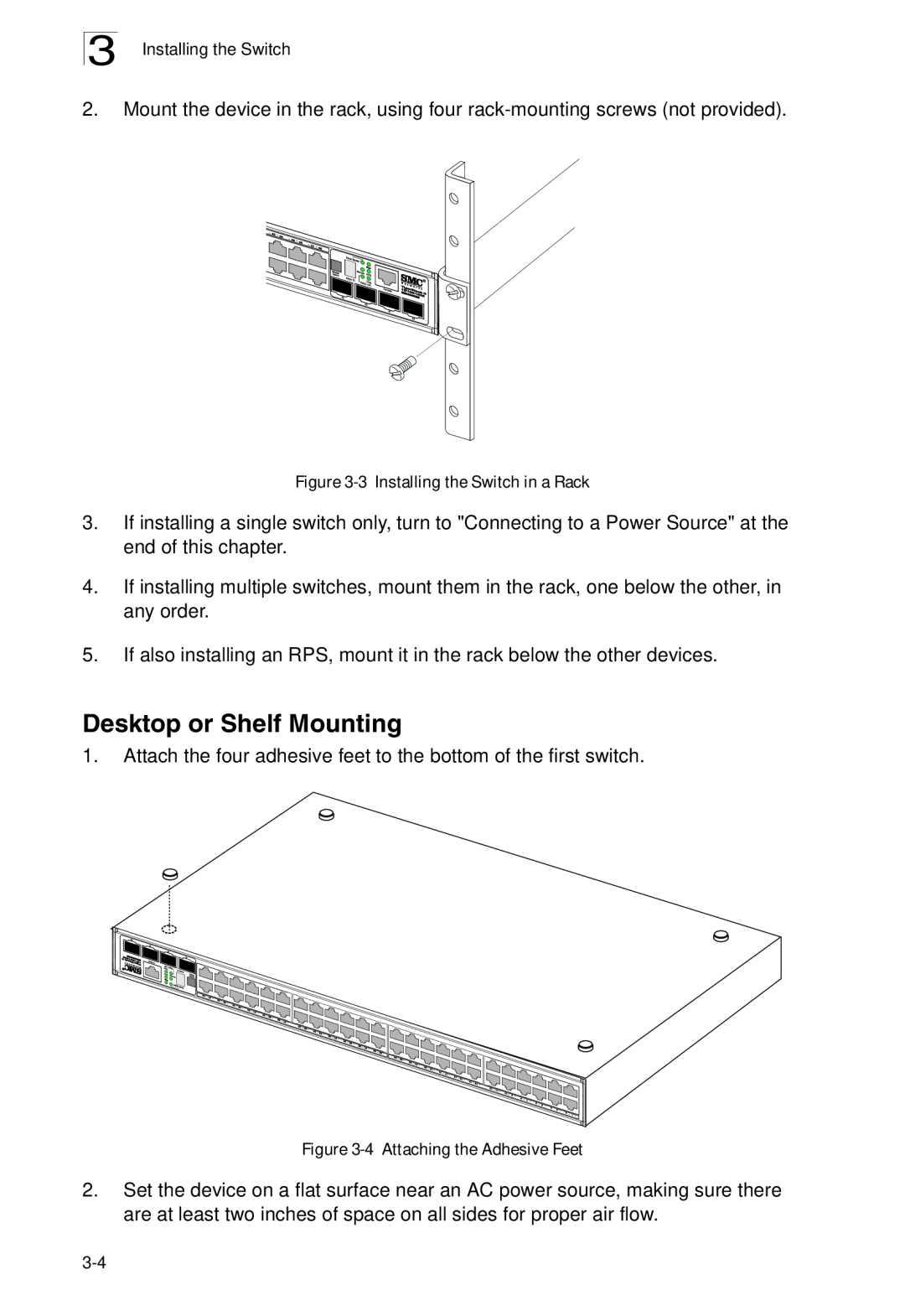 SMC Networks SMC8926EM manual Desktop or Shelf Mounting, 3 Installing the Switch in a Rack, 4 Attaching the Adhesive Feet 