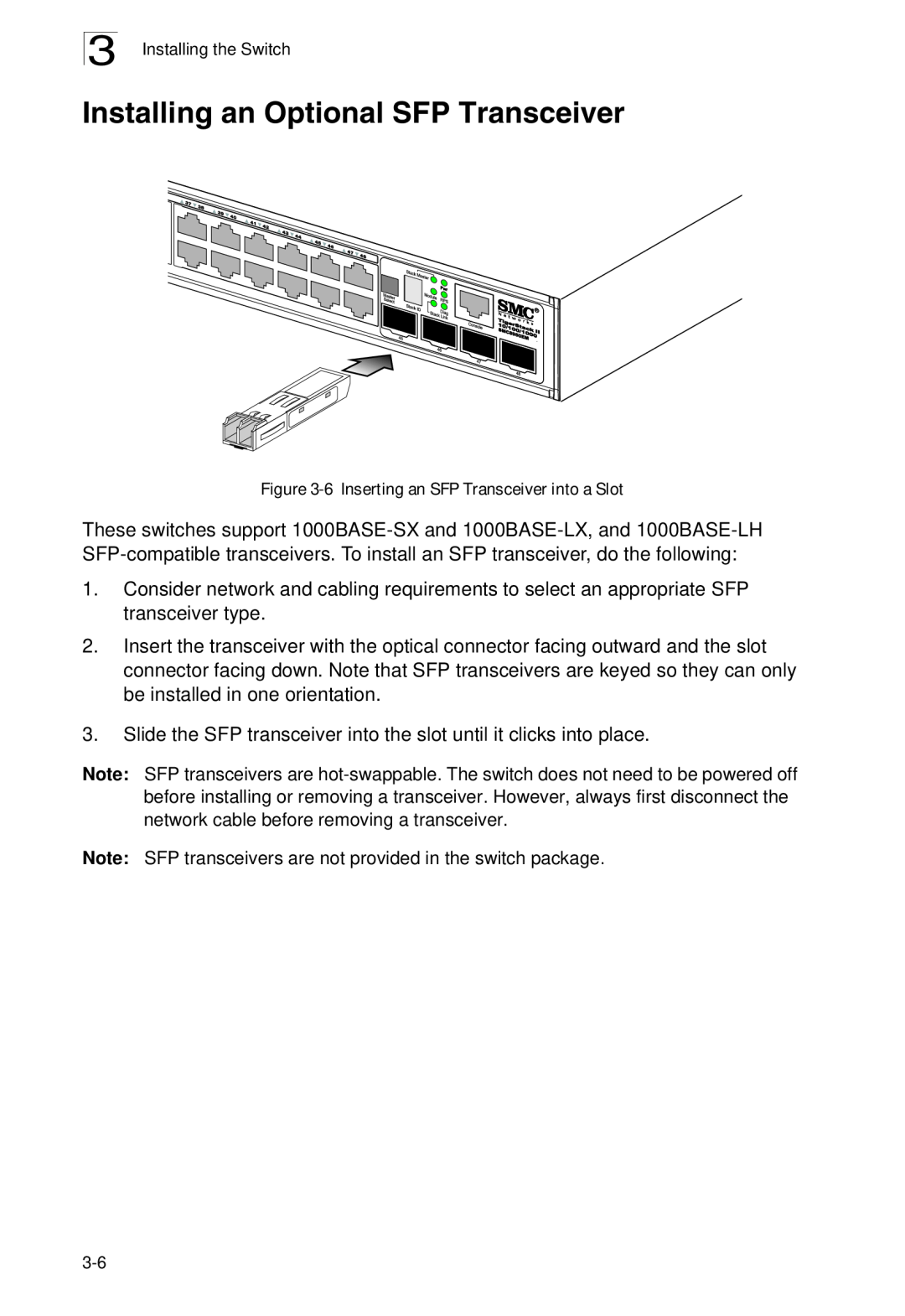 SMC Networks SMC8926EM, SMC8950EM manual Installing an Optional SFP Transceiver, 6 Inserting an SFP Transceiver into a Slot 