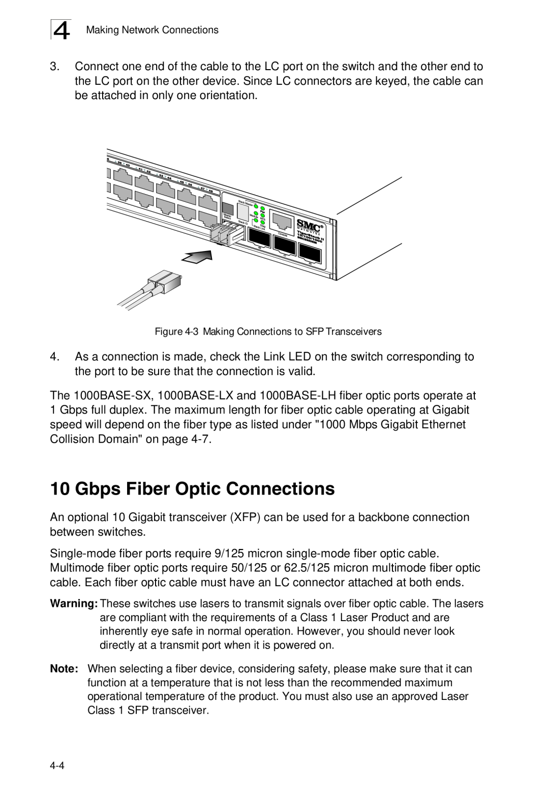 SMC Networks SMC8926EM, SMC8950EM manual Gbps Fiber Optic Connections, 3 Making Connections to SFP Transceivers 