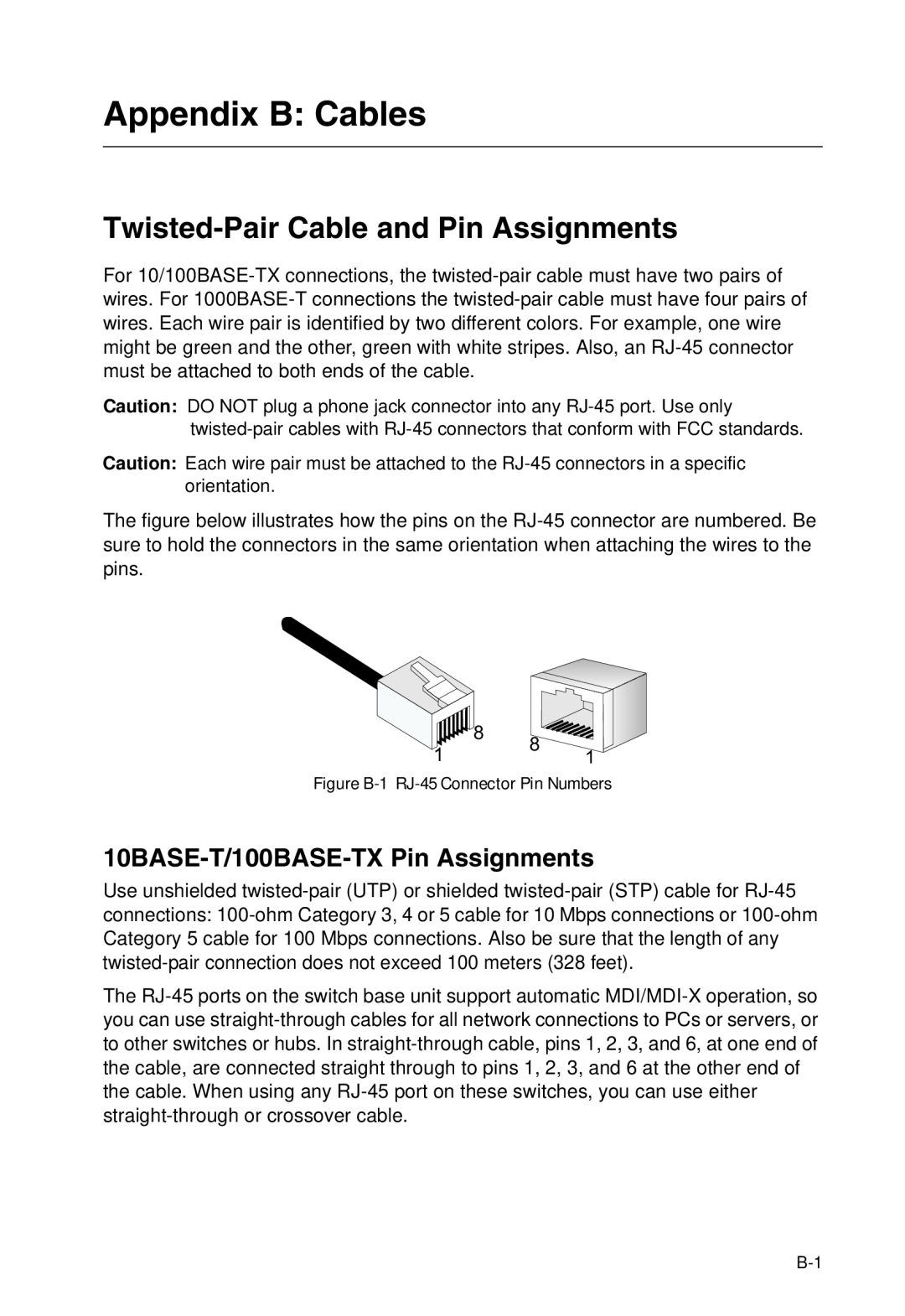 SMC Networks SMC8950EM Appendix B Cables, Twisted-Pair Cable and Pin Assignments, 10BASE-T/100BASE-TX Pin Assignments 