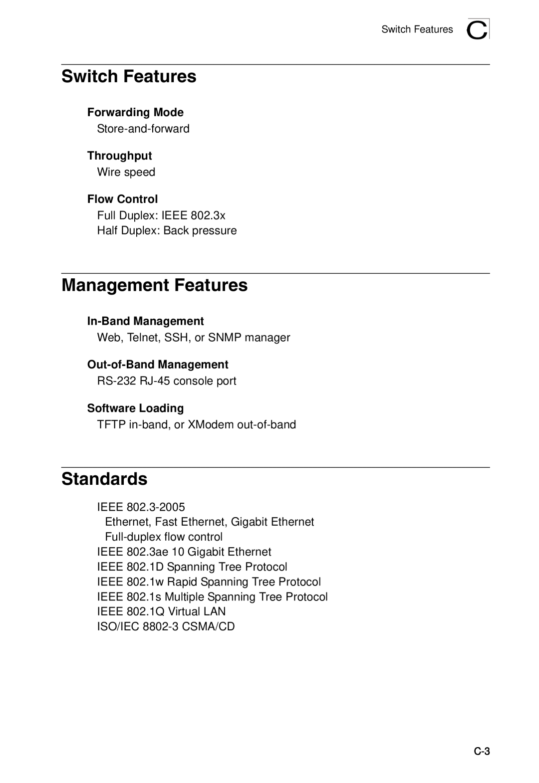SMC Networks SMC8950EM manual Switch Features, Management Features, Standards, Forwarding Mode, Throughput, Flow Control 