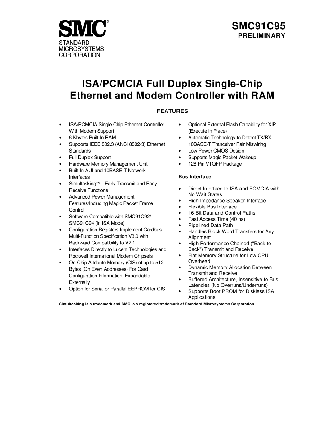 SMC Networks SMC91C95 manual Features, Bus Interface 