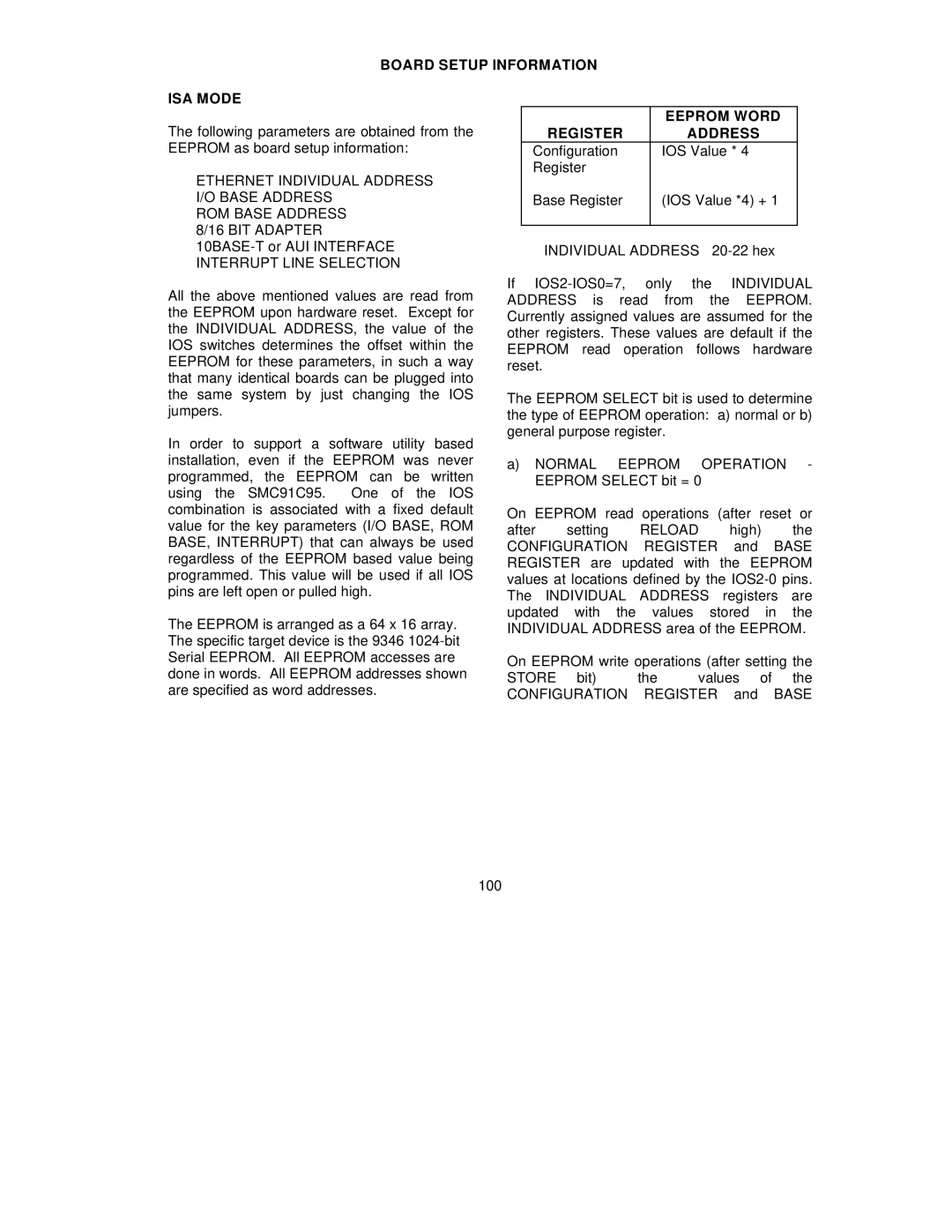 SMC Networks SMC91C95 manual Board Setup Information ISA Mode, Ethernet Individual Address I/O Base Address, Eeprom Word 