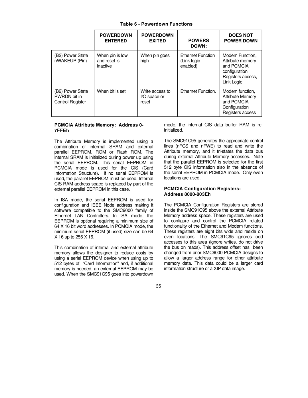 SMC Networks SMC91C95 manual Pcmcia Attribute Memory Address 0- 7FFEh, Pcmcia Configuration Registers Address 8000-803Eh 