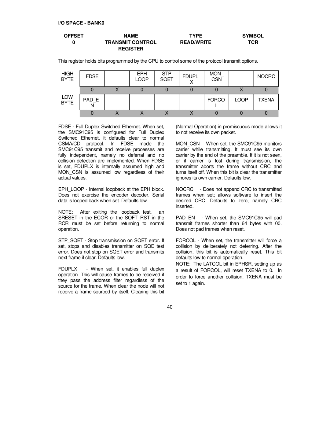 SMC Networks SMC91C95 manual High Fdse EPH STP Fdupl MON Nocrc Byte Loop Sqet, LOW Pade Forco Loop Txena Byte 