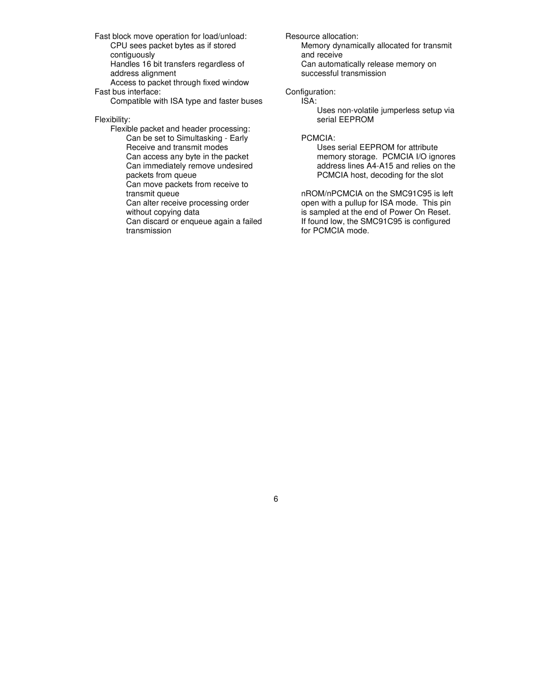 SMC Networks SMC91C95 manual Isa, Uses non-volatile jumperless setup via serial Eeprom, Pcmcia 