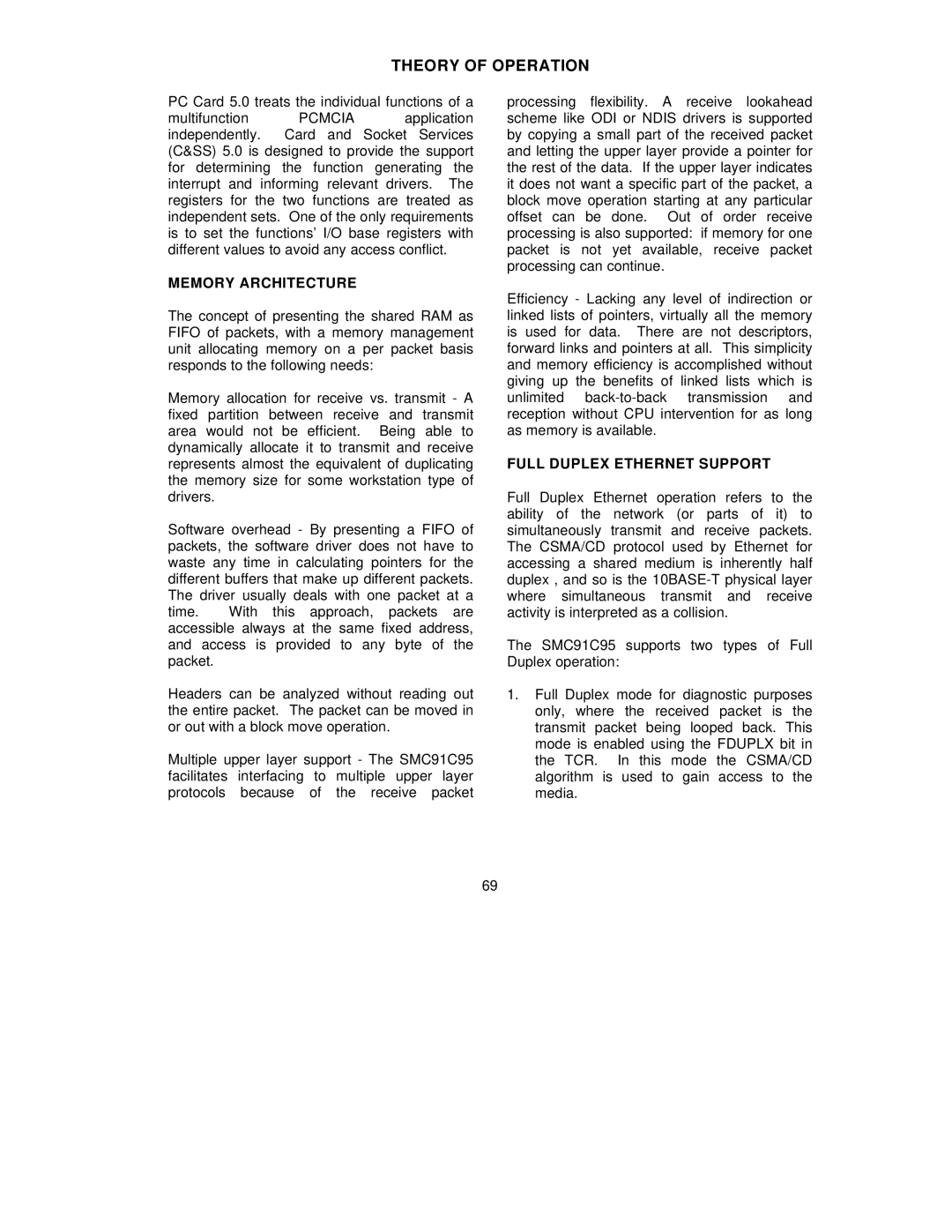 SMC Networks SMC91C95 manual Theory of Operation, Memory Architecture, Full Duplex Ethernet Support 