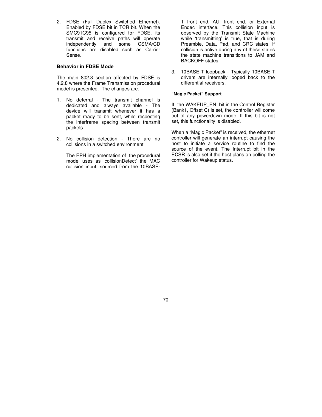 SMC Networks SMC91C95 manual Behavior in Fdse Mode, Main 802.3 section affected by Fdse is 