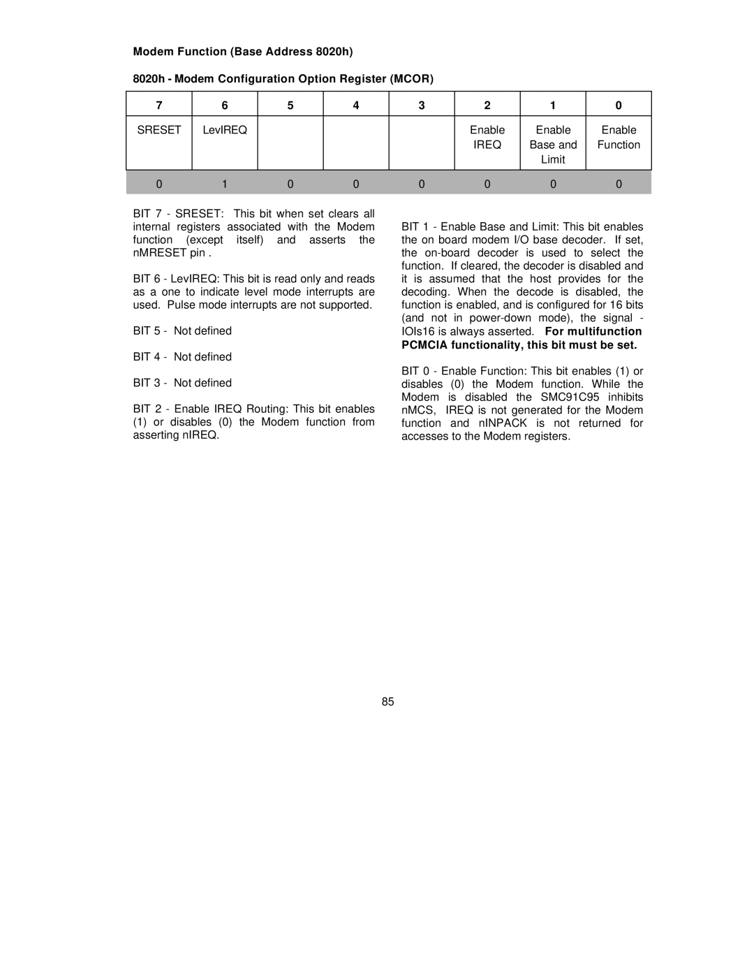 SMC Networks SMC91C95 manual LevIREQ Enable, Pcmcia functionality, this bit must be set 