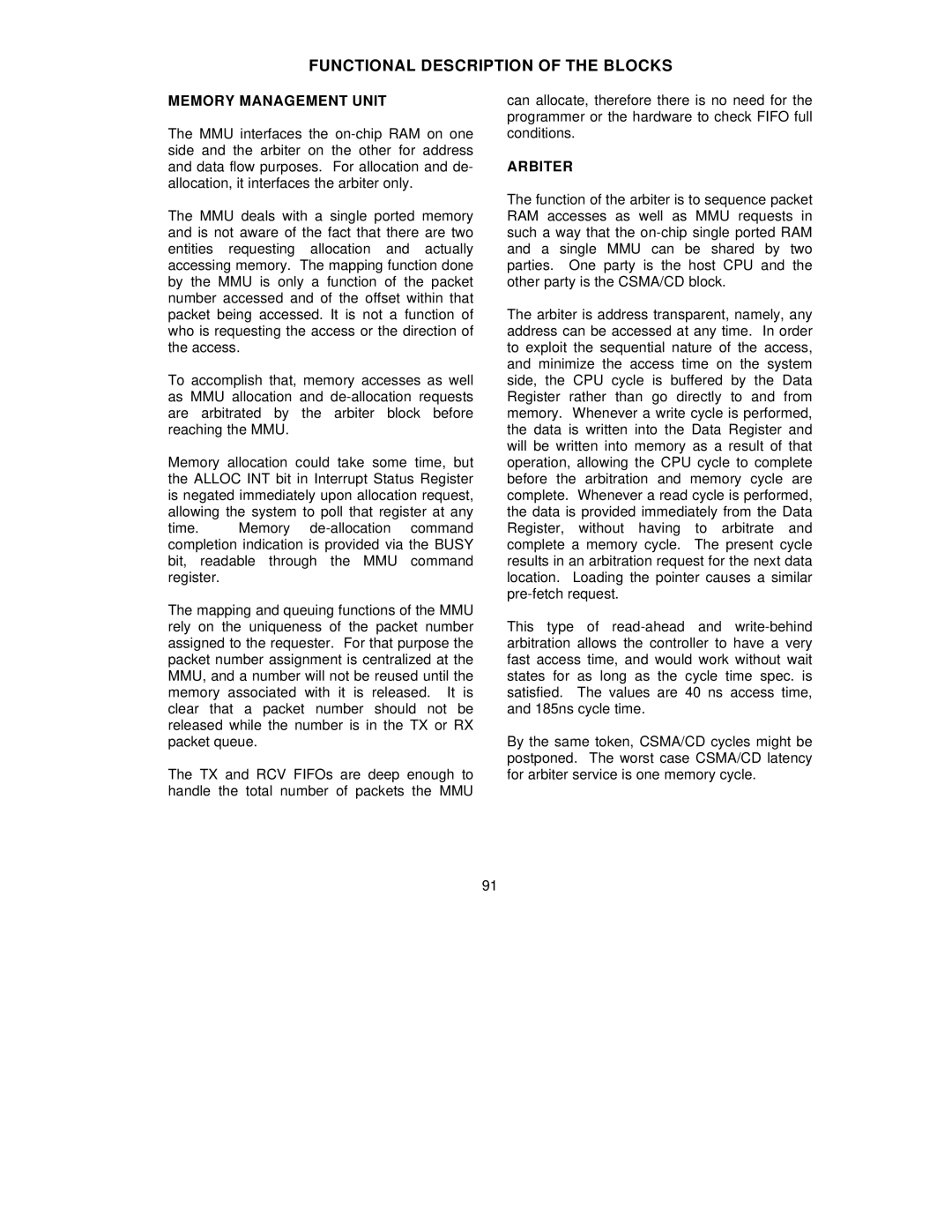 SMC Networks SMC91C95 manual Functional Description of the Blocks, Memory Management Unit, Arbiter 