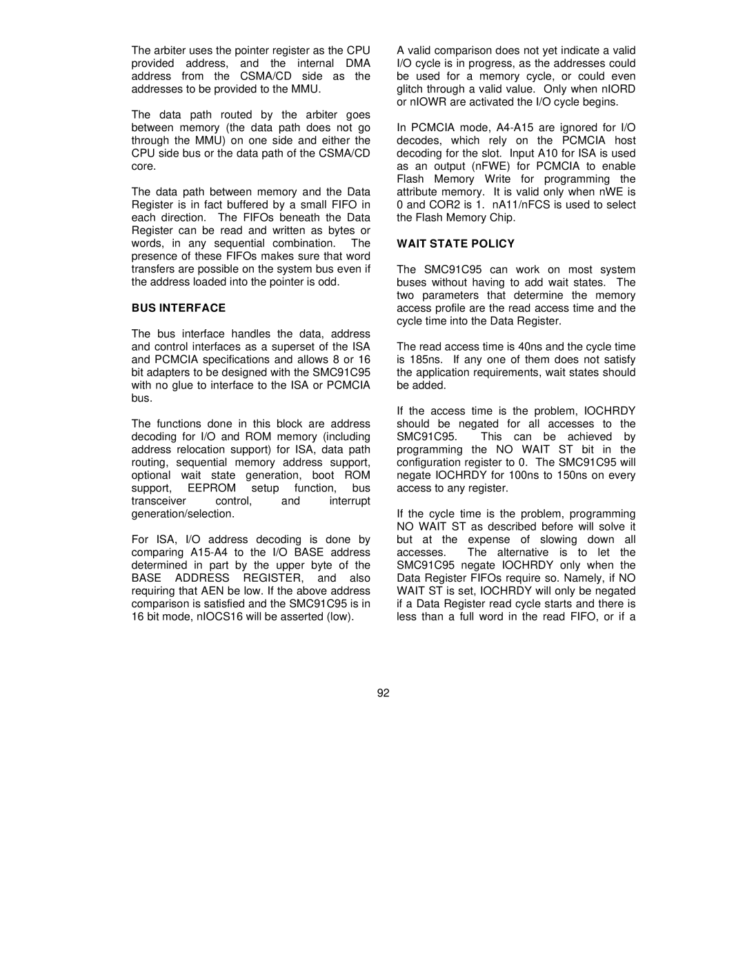 SMC Networks SMC91C95 manual BUS Interface, Wait State Policy 