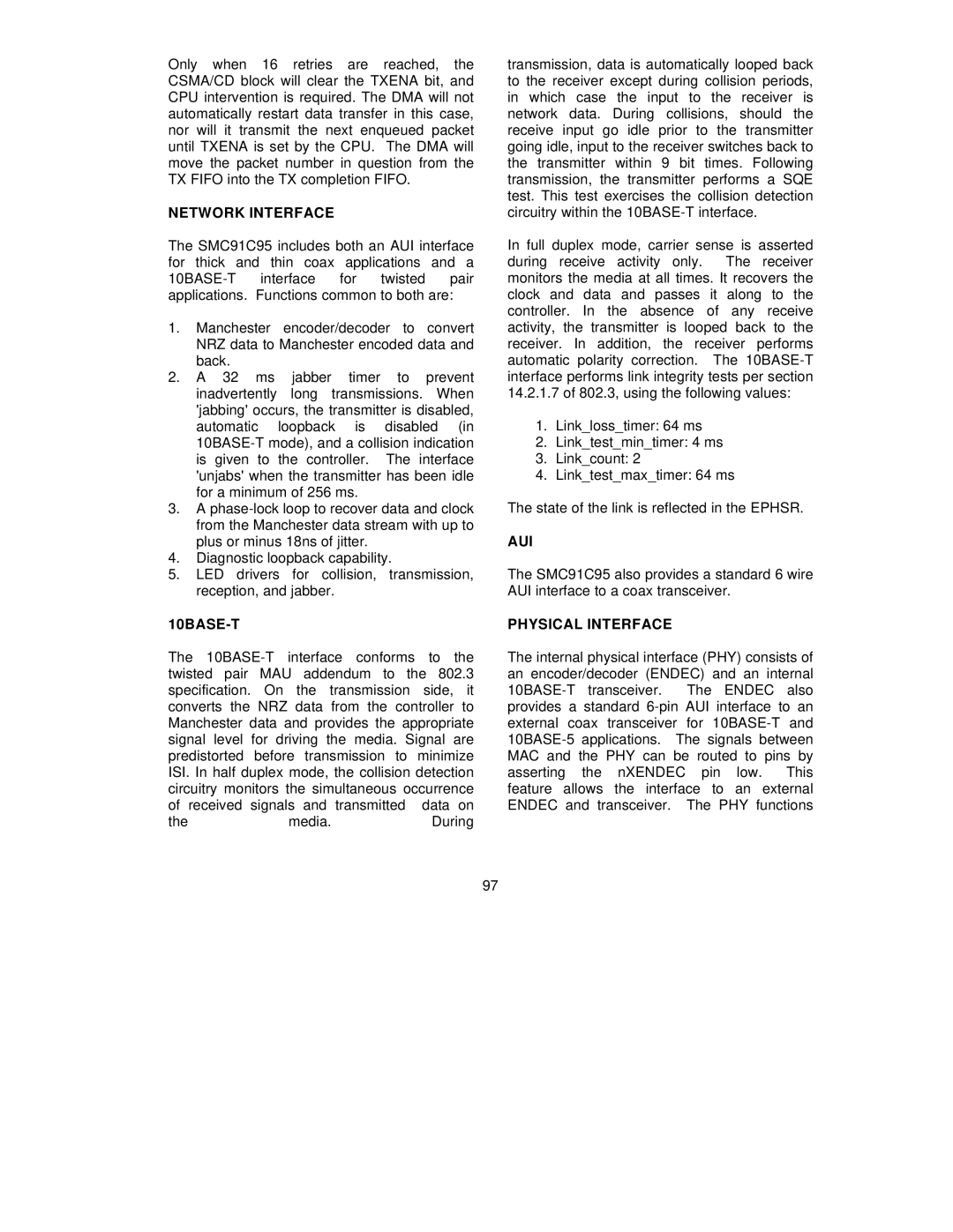 SMC Networks SMC91C95 manual Network Interface, 10BASE-T, Aui, Physical Interface 