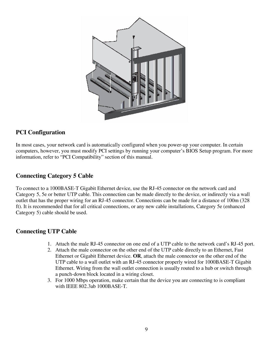 SMC Networks SMC9452TX-1 manual PCI Configuration, Connecting Category 5 Cable, Connecting UTP Cable 