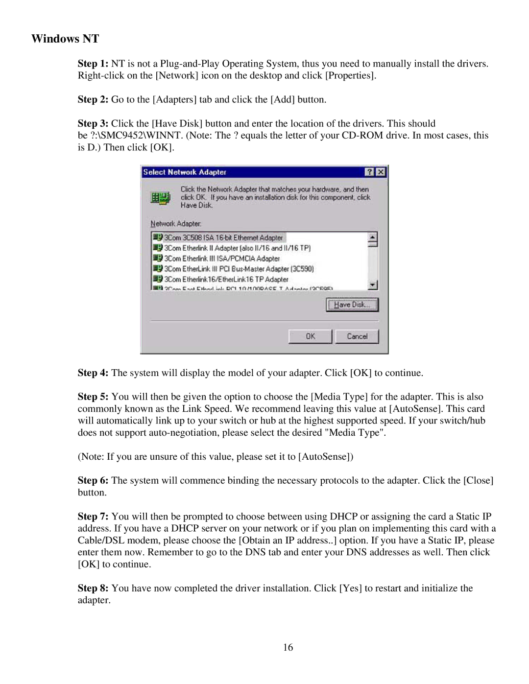 SMC Networks SMC9452TX-1 manual Windows NT 