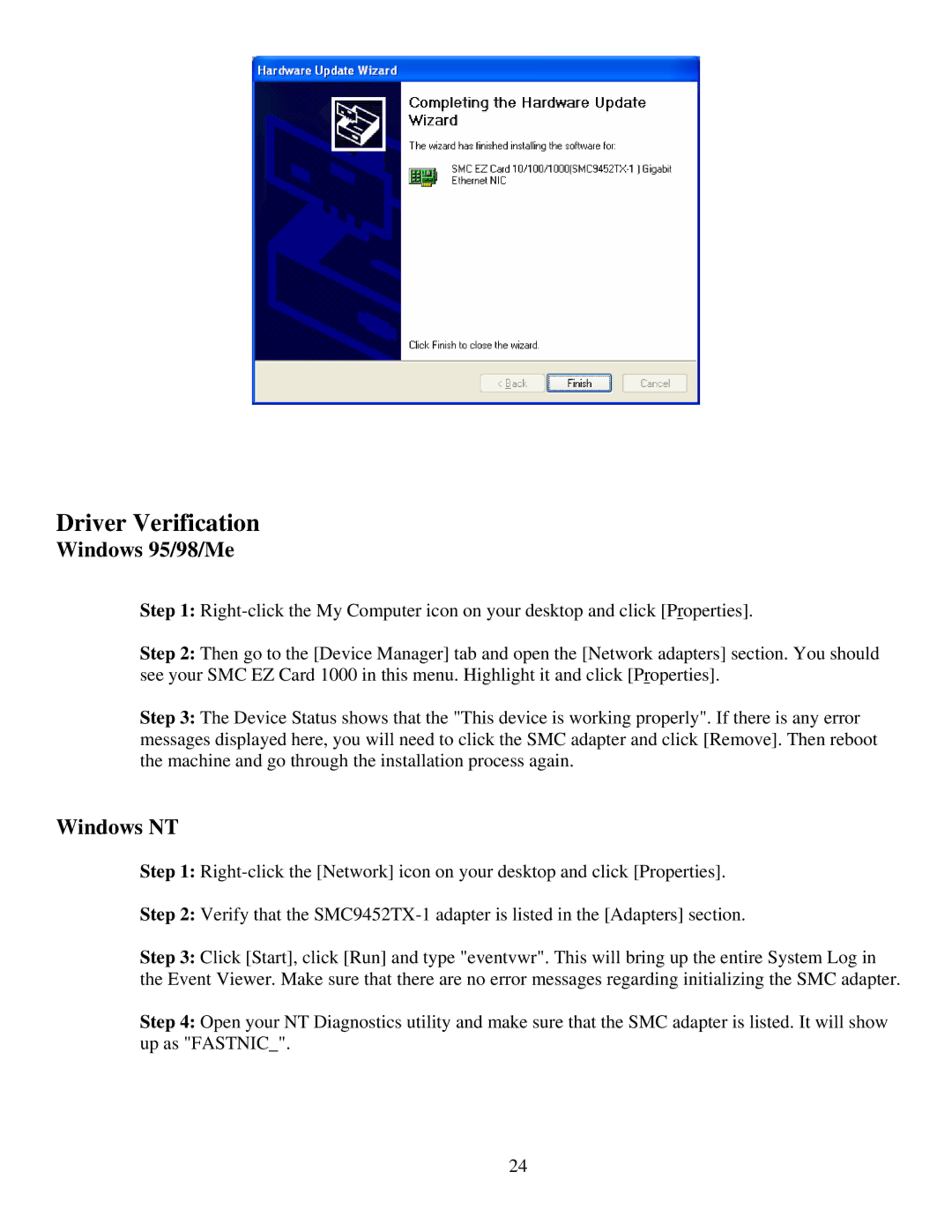 SMC Networks SMC9452TX-1 manual Windows 95/98/Me, Windows NT 