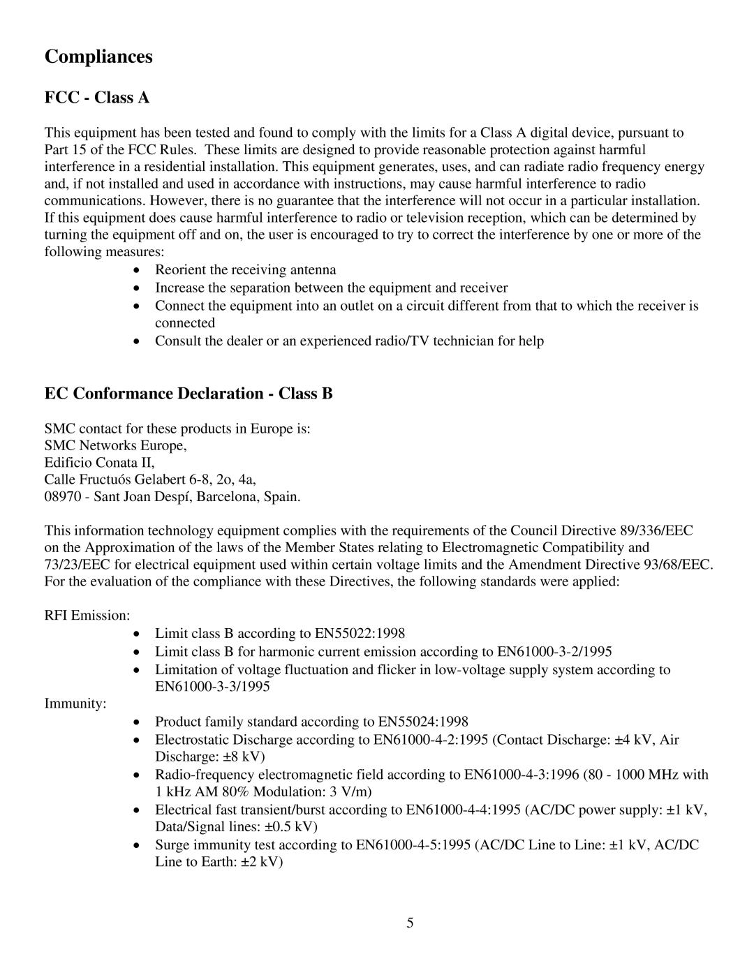 SMC Networks SMC9452TX-1 manual FCC Class a, EC Conformance Declaration Class B 