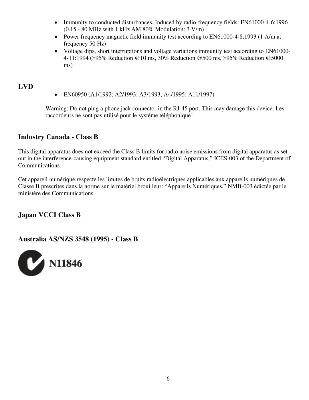 SMC Networks SMC9452TX-1 manual Industry Canada Class B, Japan Vcci Class B Australia AS/NZS 3548 1995 Class B 