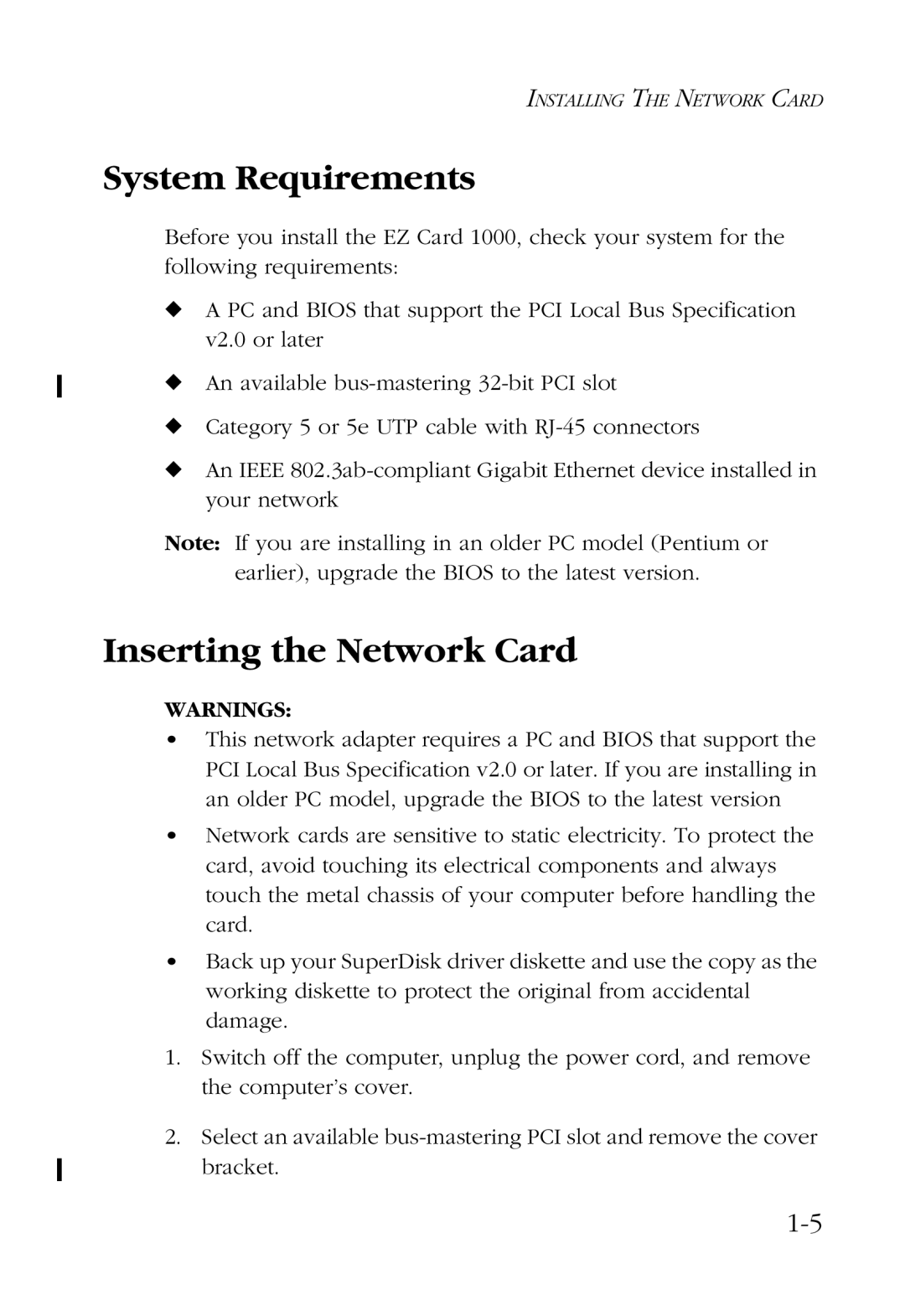 SMC Networks SMC9452TX manual System Requirements, Inserting the Network Card 