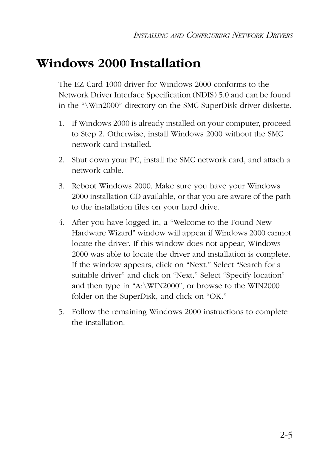 SMC Networks SMC9452TX manual Windows 2000 Installation 