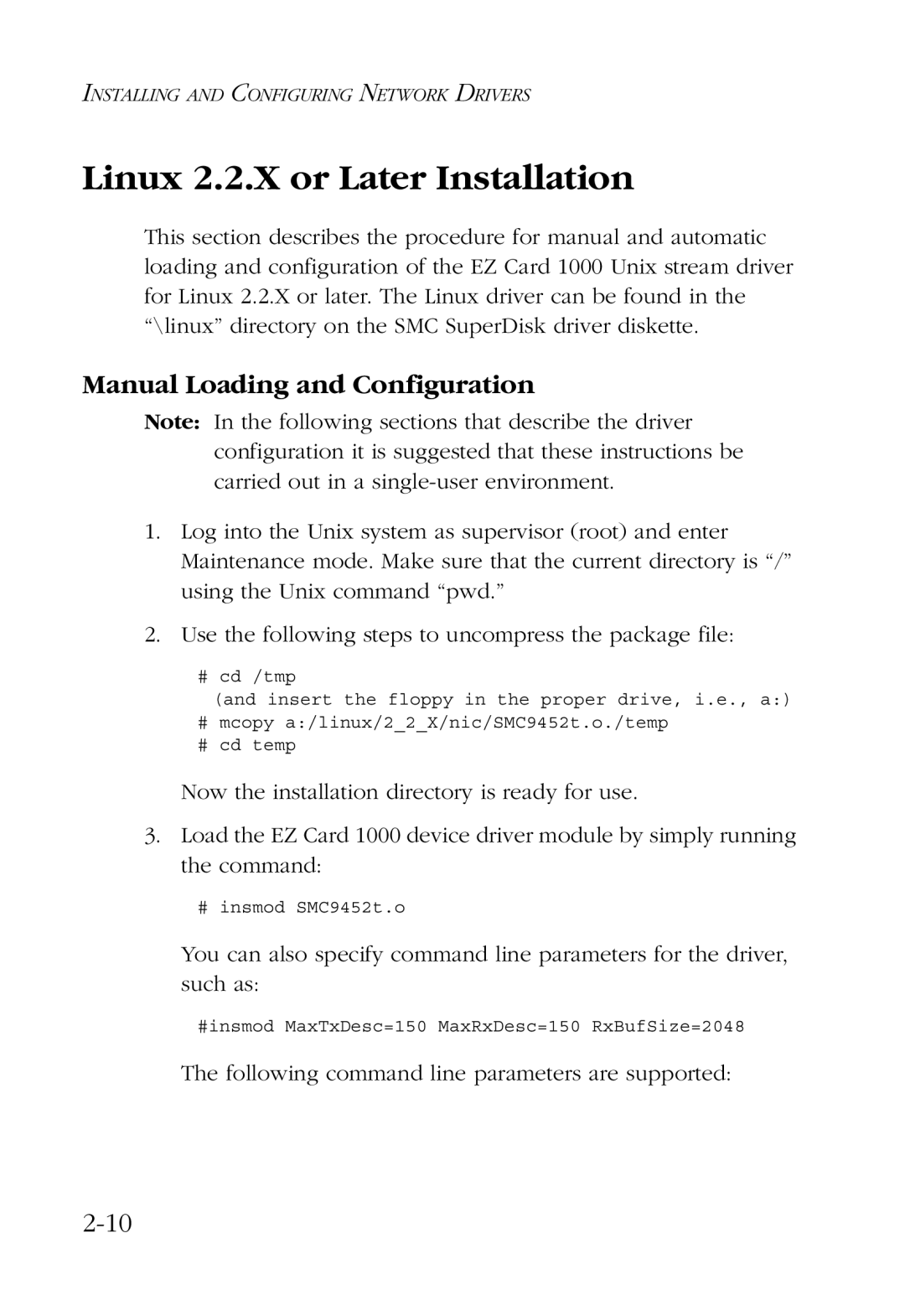 SMC Networks SMC9452TX manual Linux 2.2.X or Later Installation, Manual Loading and Configuration 