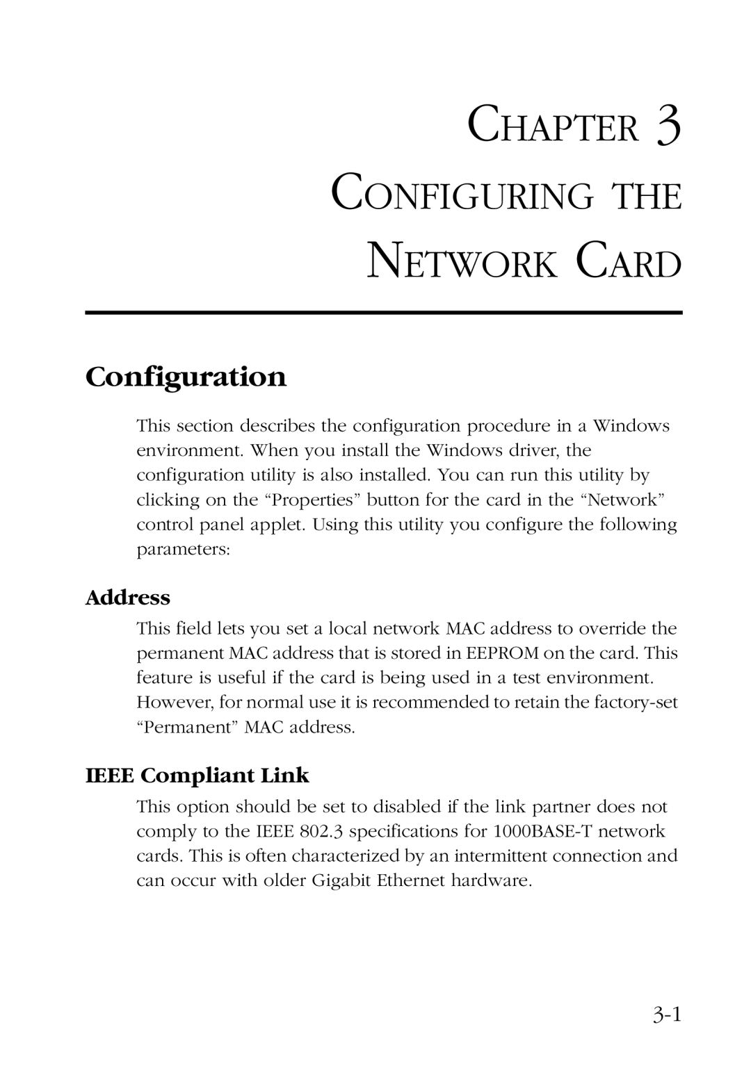 SMC Networks SMC9452TX manual Chapter Configuring Network Card, Configuration, Address, Ieee Compliant Link 