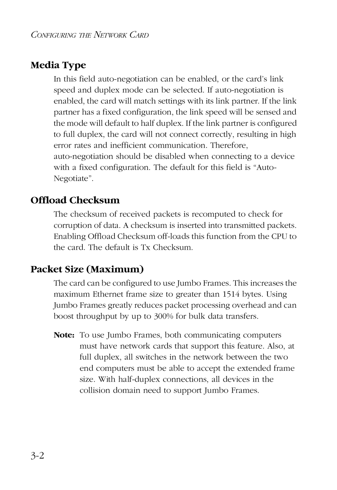 SMC Networks SMC9452TX manual Media Type, Offload Checksum, Packet Size Maximum 