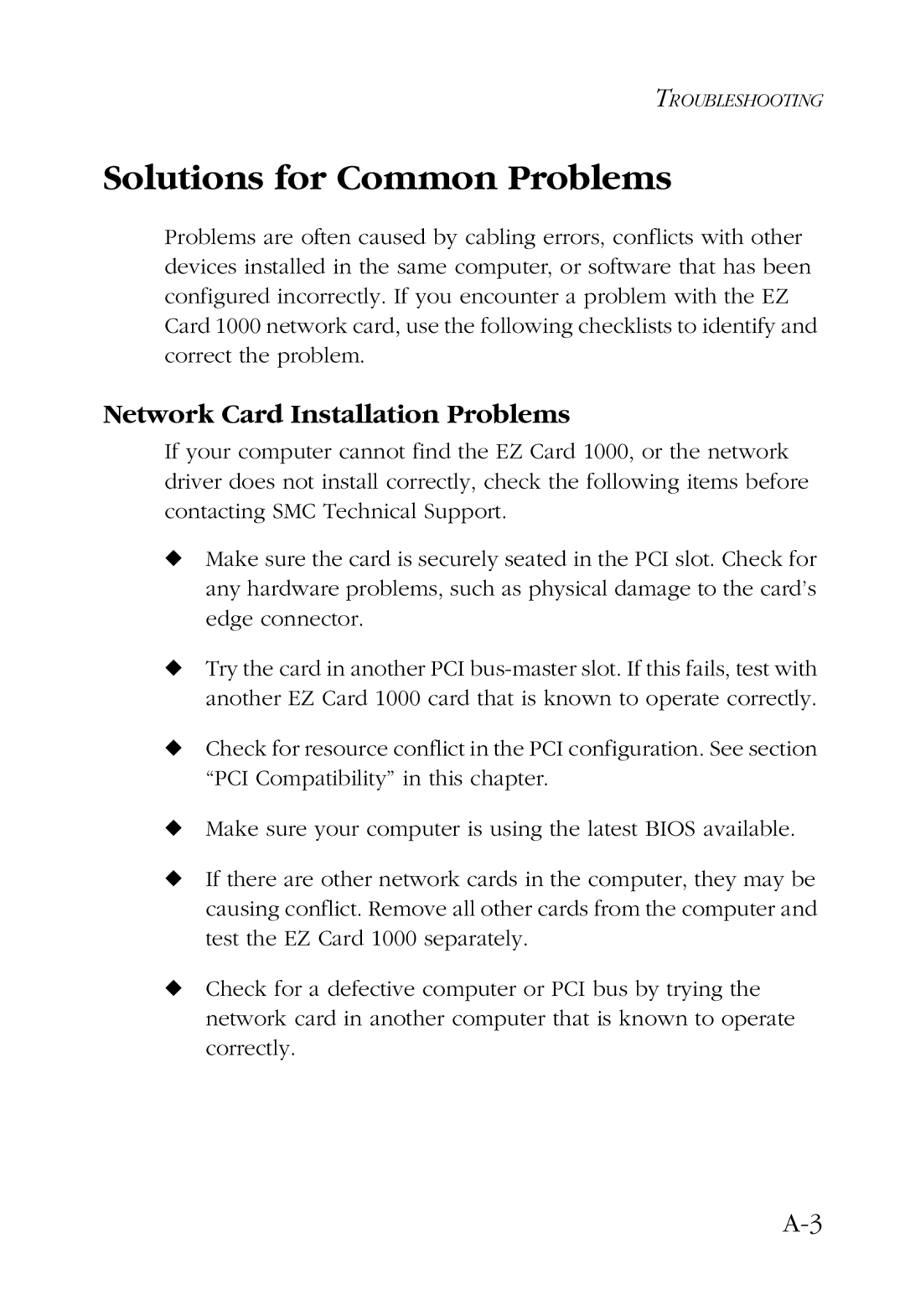 SMC Networks SMC9452TX manual Solutions for Common Problems, Network Card Installation Problems 