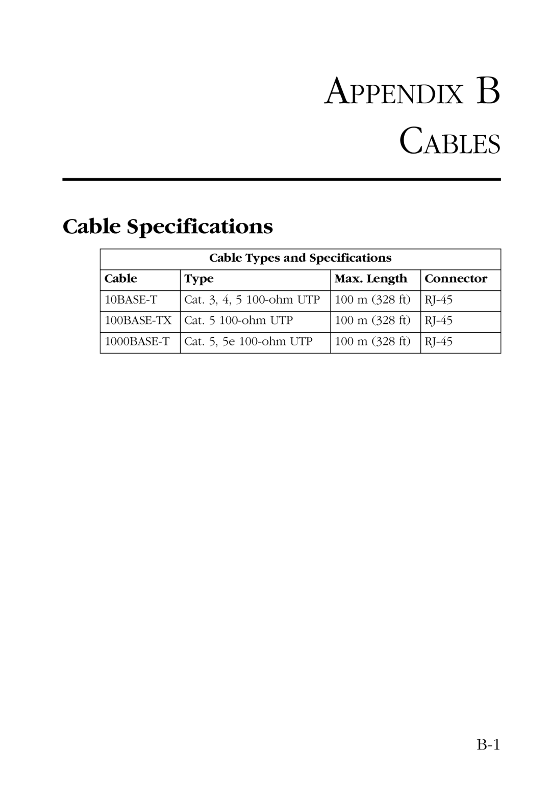 SMC Networks SMC9452TX manual Appendix B Cables, Cable Specifications 