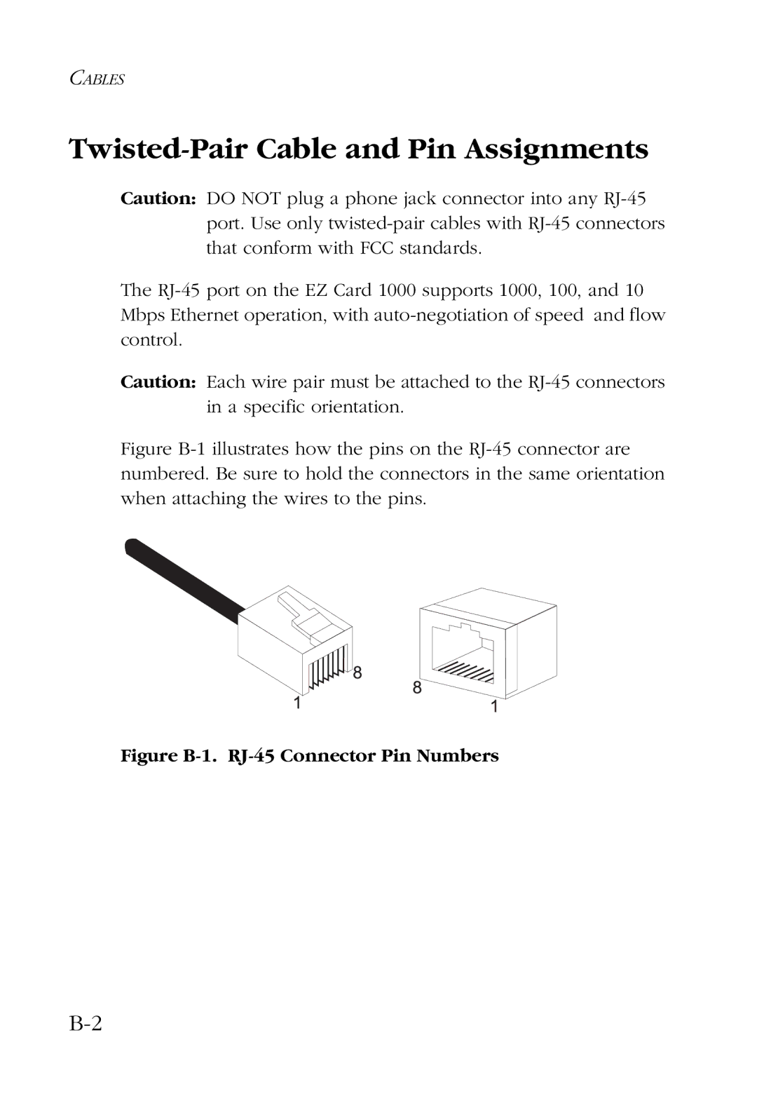 SMC Networks SMC9452TX manual Twisted-Pair Cable and Pin Assignments, Figure B-1. RJ-45 Connector Pin Numbers 