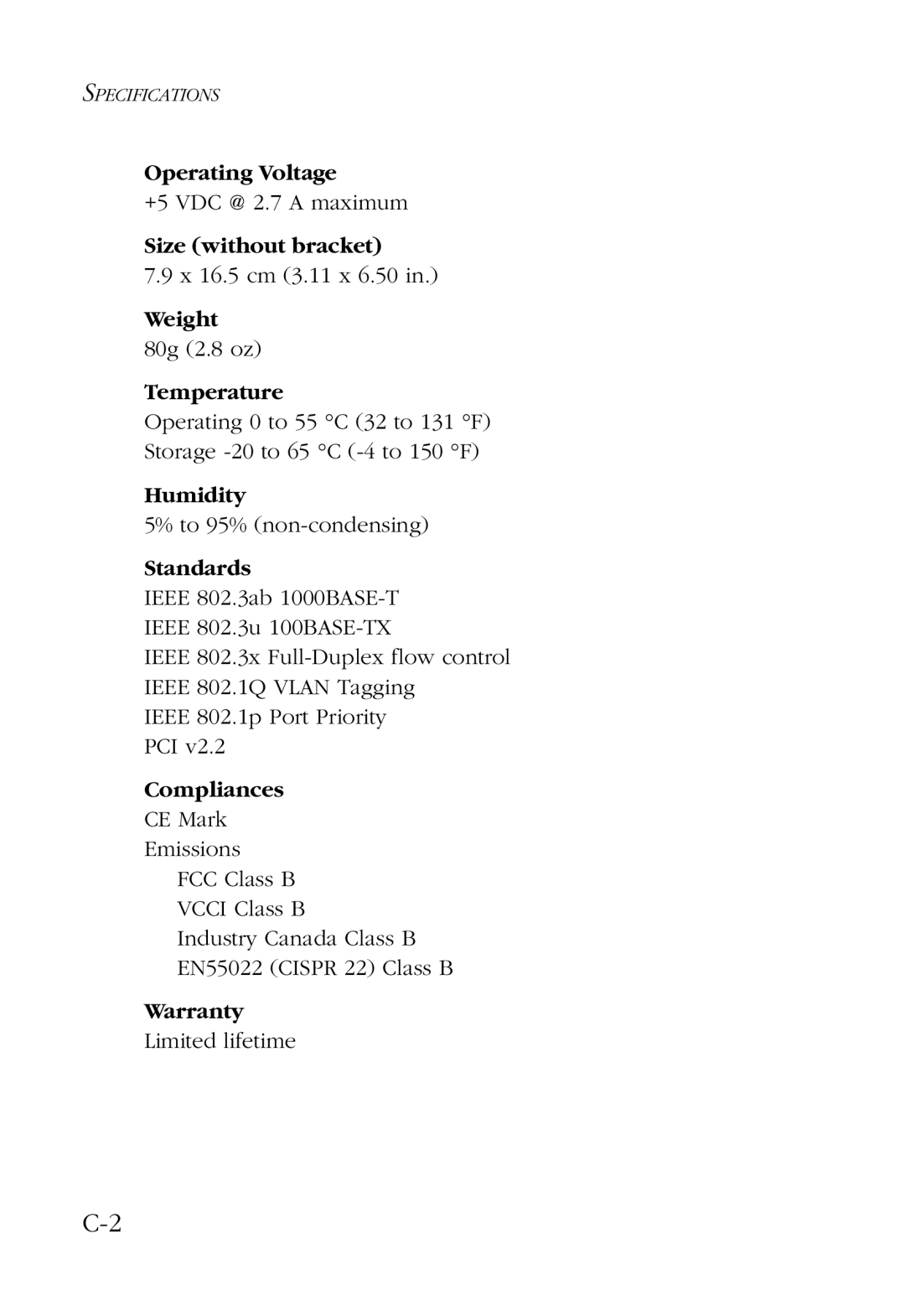 SMC Networks SMC9452TX Operating Voltage, Size without bracket, Weight, Temperature, Humidity, Standards, Compliances 