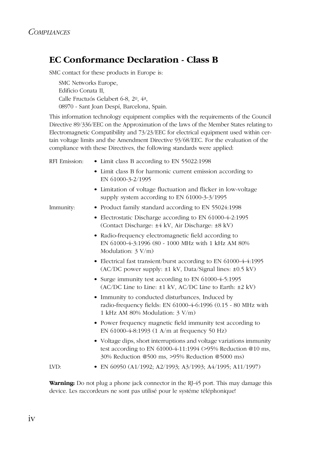 SMC Networks SMC9452TX manual EC Conformance Declaration Class B 