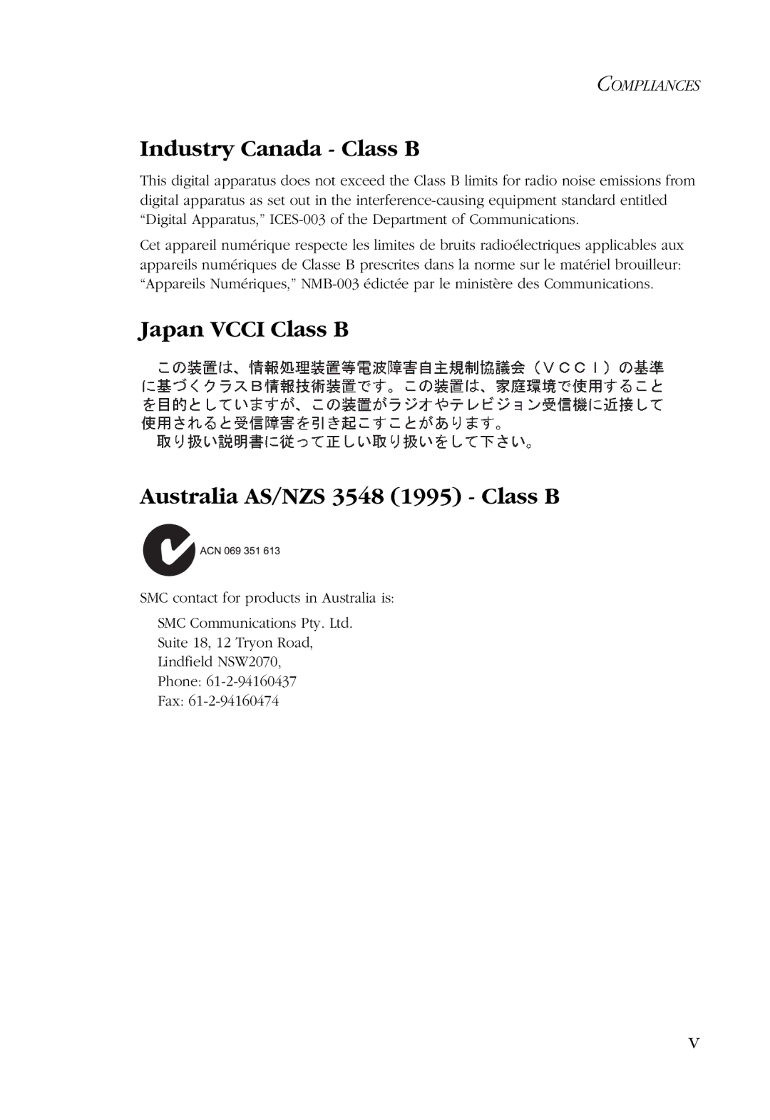 SMC Networks SMC9452TX manual Industry Canada Class B, Japan Vcci Class B Australia AS/NZS 3548 1995 Class B 