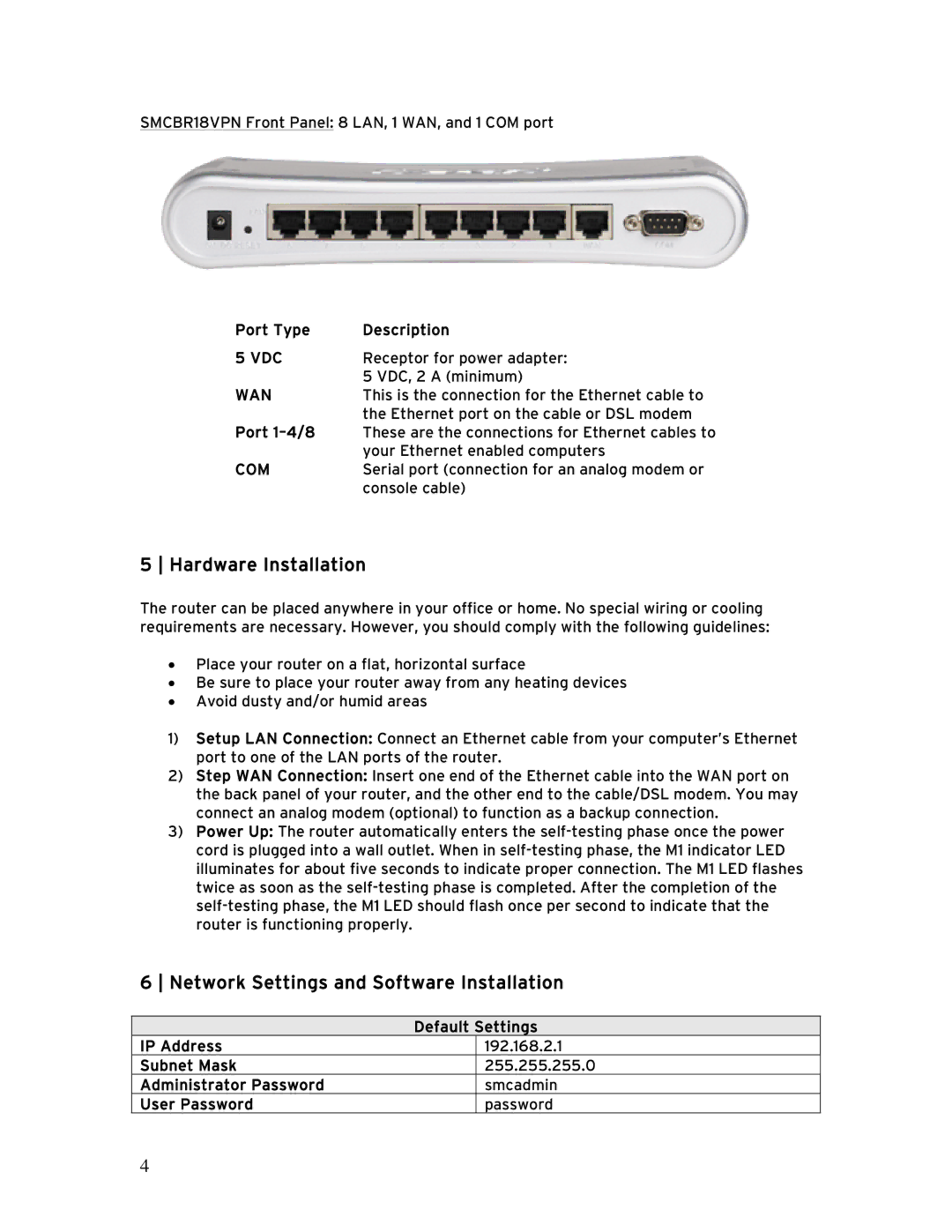 SMC Networks SMCBR 18VPN, BR14VPN Hardware Installation, Network Settings and Software Installation, Port Type Description 