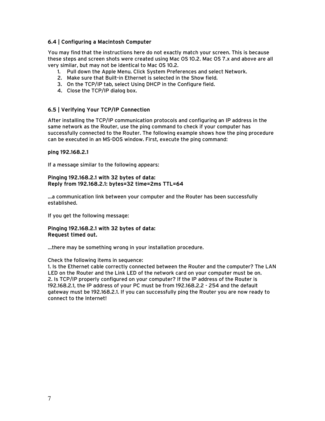 SMC Networks BR14VPN, SMCBR 18VPN manual Pinging 192.168.2.1 with 32 bytes of data Request timed out 