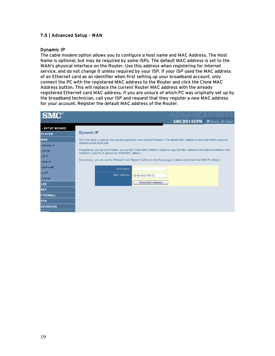 SMC Networks BR14VPN, SMCBR 18VPN manual Advanced Setup WAN Dynamic IP 