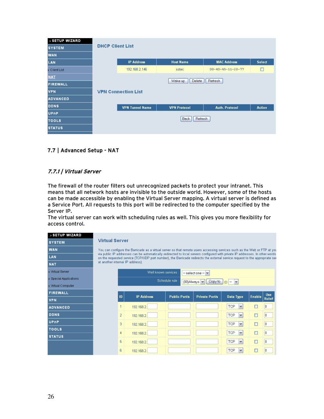 SMC Networks SMCBR 18VPN, BR14VPN manual Advanced Setup NAT, Virtual Server 