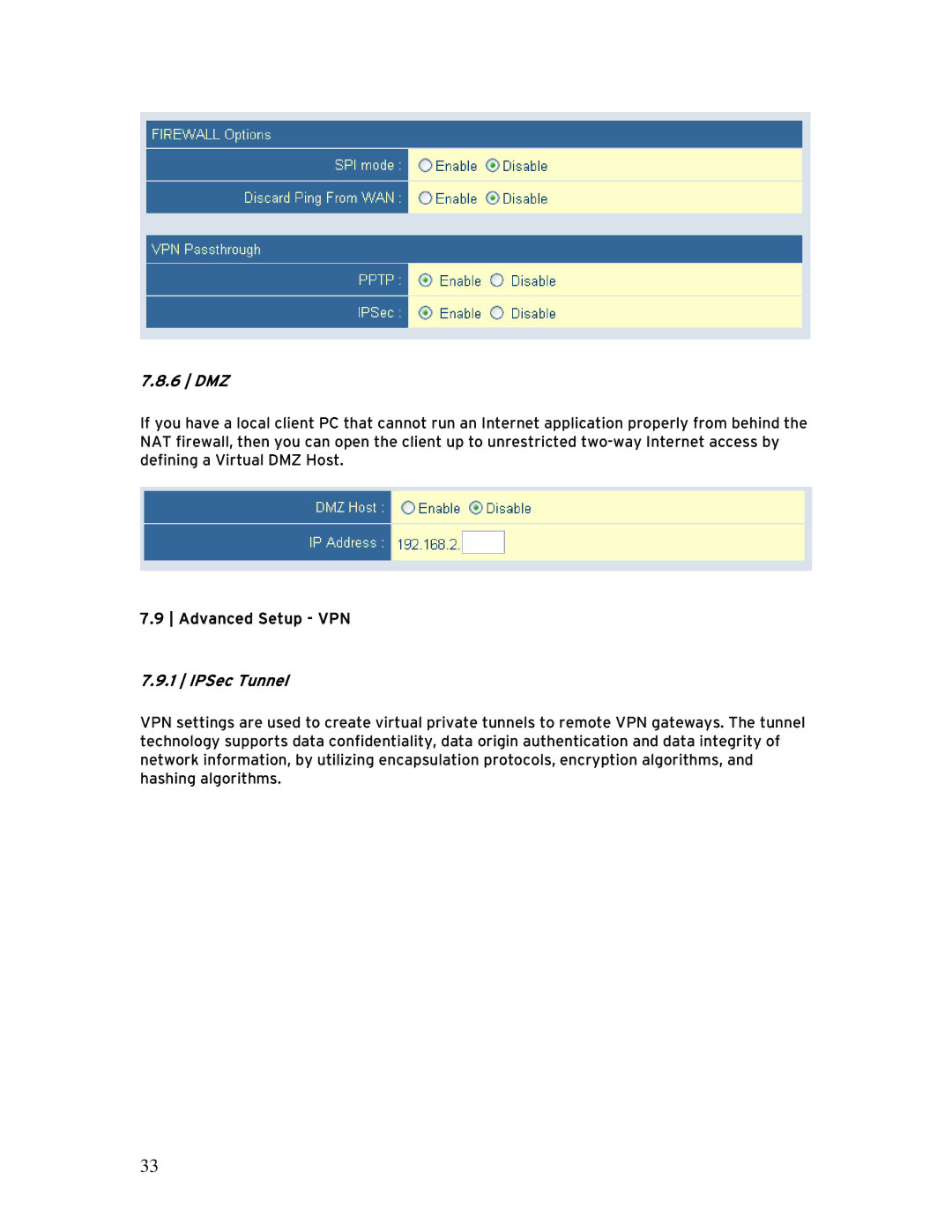 SMC Networks BR14VPN, SMCBR 18VPN manual Dmz, Advanced Setup VPN, IPSec Tunnel 