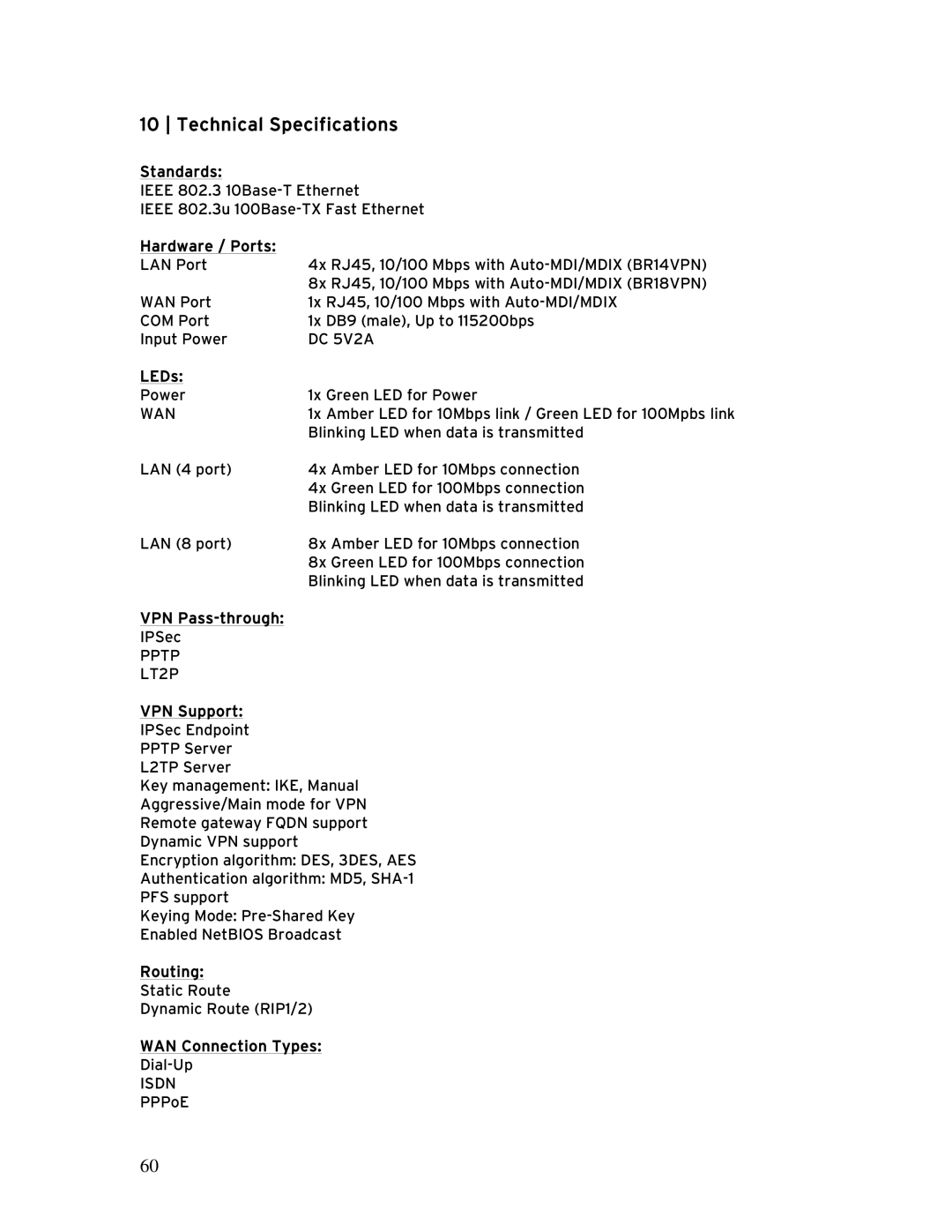 SMC Networks SMCBR 18VPN, BR14VPN manual Technical Specifications 