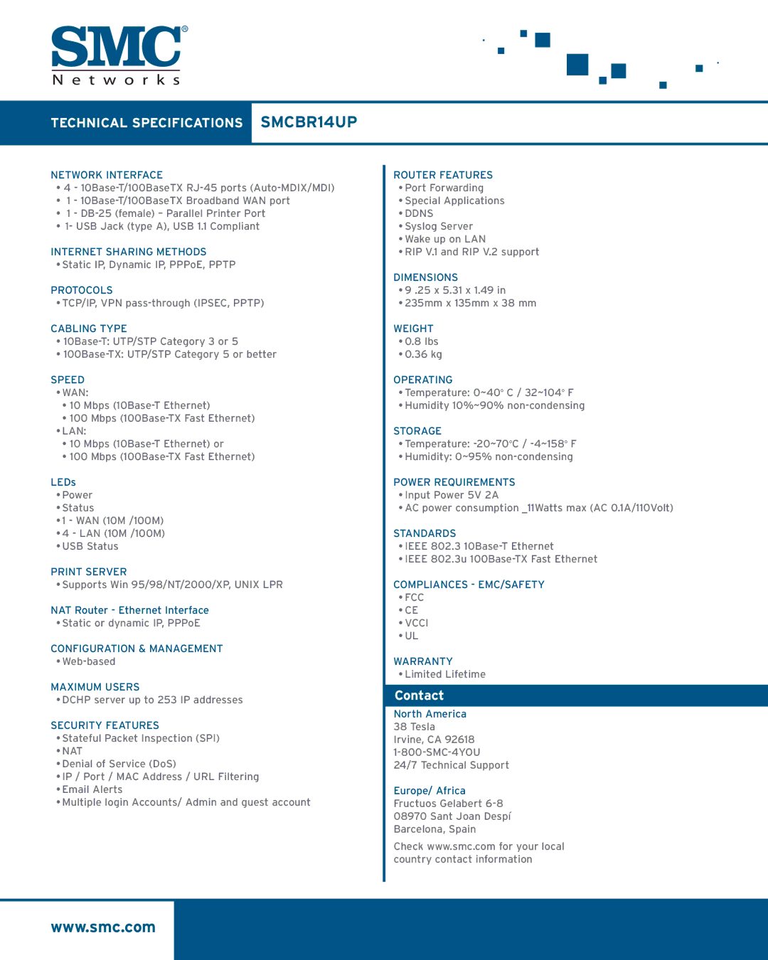 SMC Networks SMCBR14UP warranty Nat, Ddns, FCC Vcci 