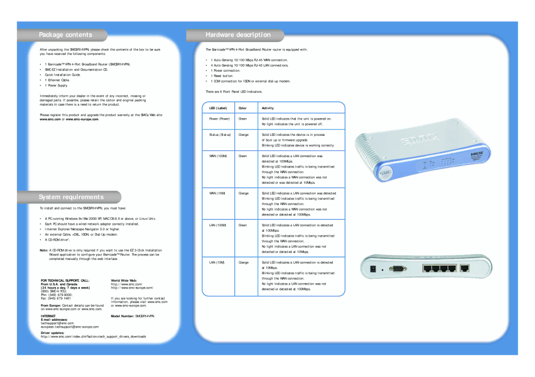 SMC Networks SMCBR14VPN warranty Package contents, System requirements, Hardware description 