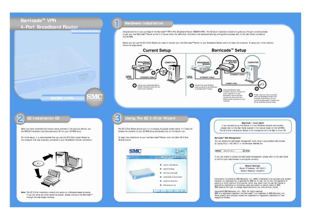 SMC Networks SMCBR14VPN warranty Hardware installation, EZ Installation CD, Using The EZ 3-Click Wizard 