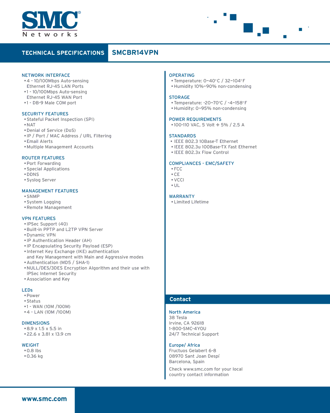 SMC Networks SMCBR14VPN manual Nat, Ddns, Snmp, FCC Vcci 