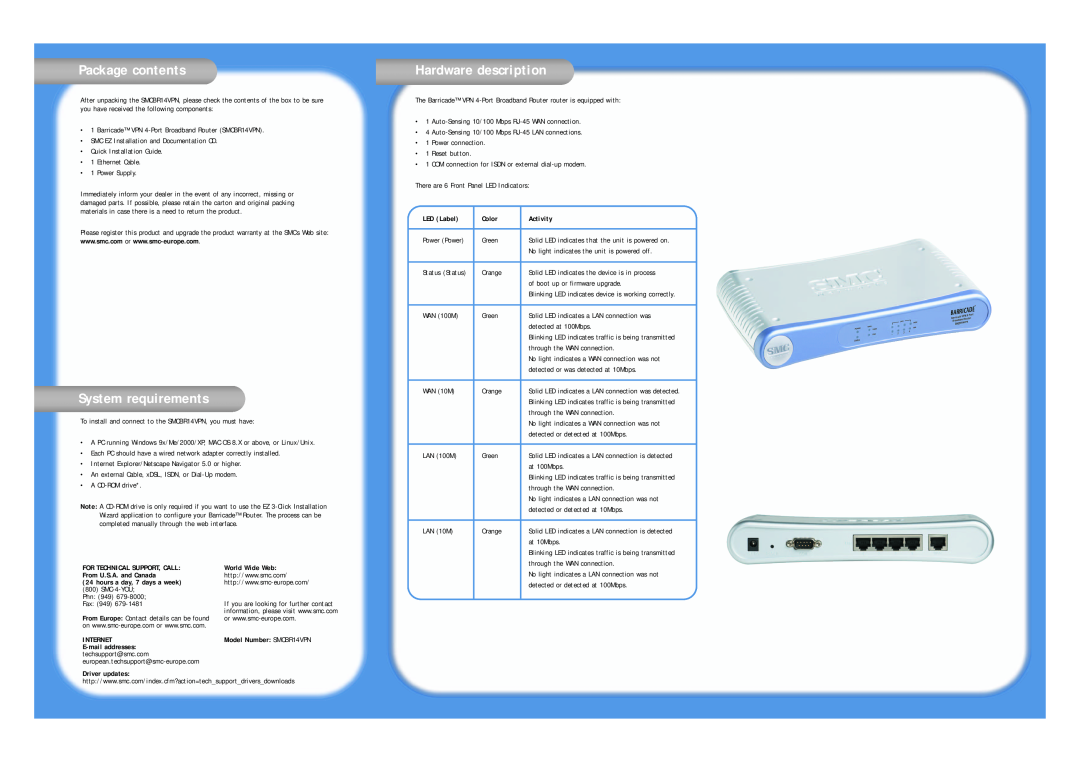 SMC Networks SMCBR14VPN warranty Package contents, System requirements, Hardware description, LED Label, Color, Activity 