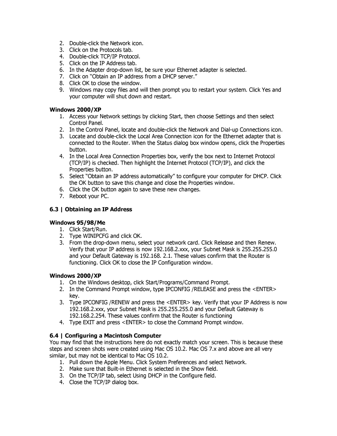 SMC Networks SMCBR18VPN manual Obtaining an IP Address Windows 95/98/Me, Configuring a Macintosh Computer 