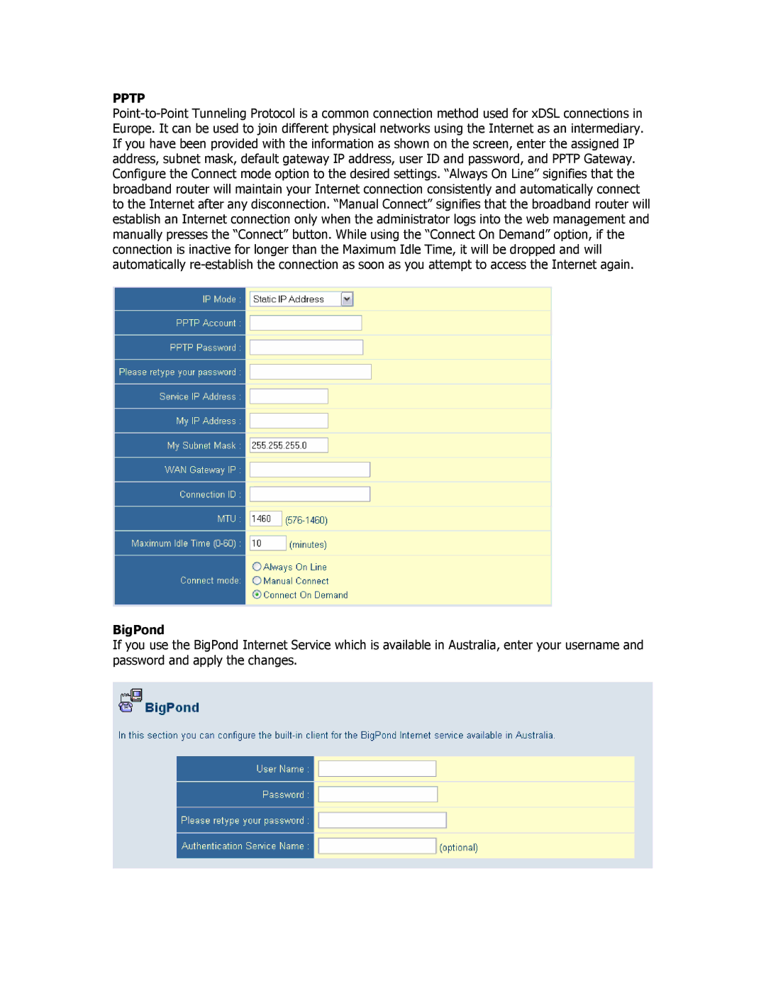 SMC Networks SMCBR18VPN manual Pptp, BigPond 