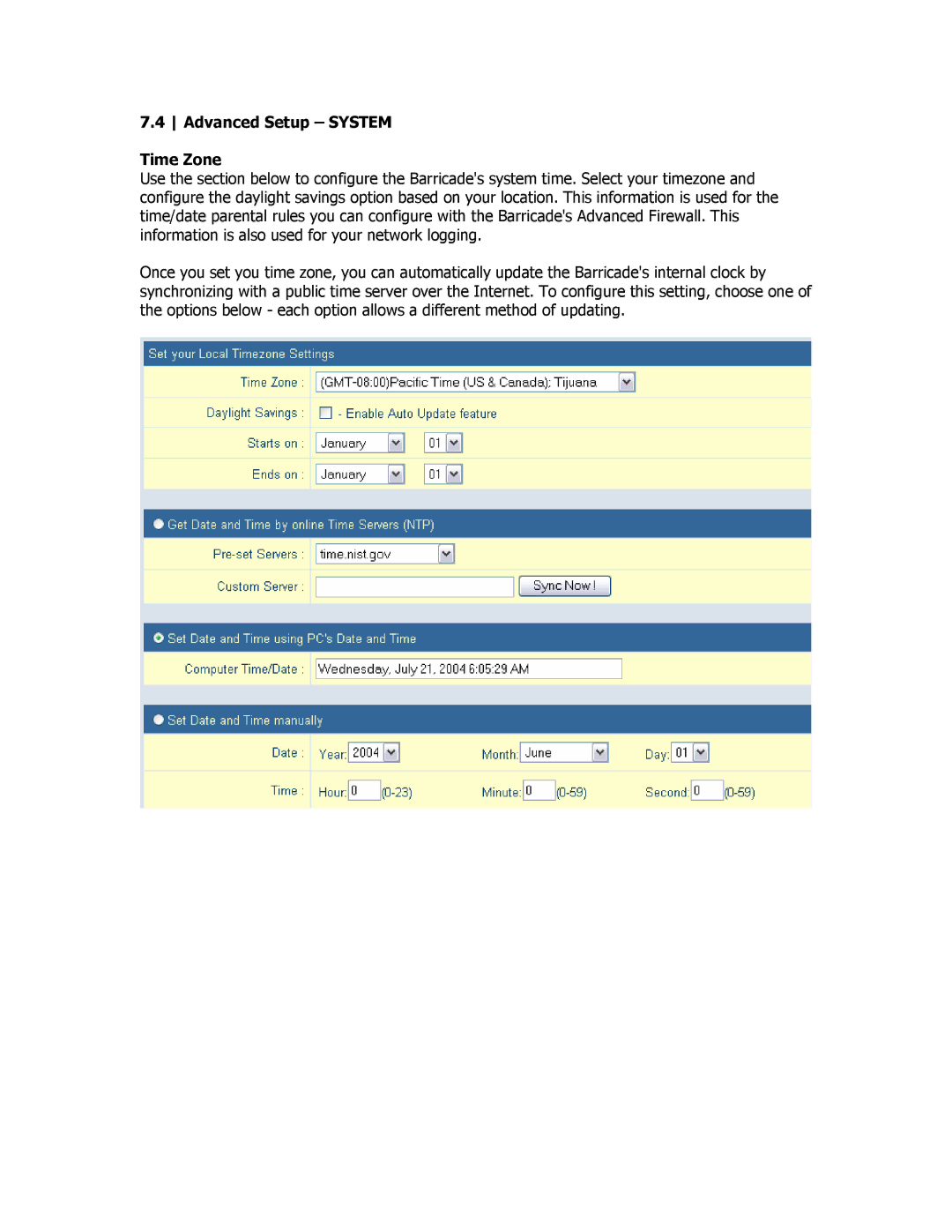 SMC Networks SMCBR18VPN manual Advanced Setup System Time Zone 